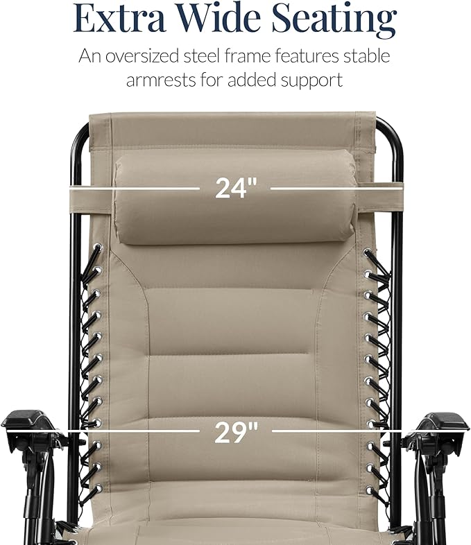 Best Choice Products Oversized Padded Zero Gravity Chair, Folding Outdoor Patio Recliner, XL Anti Gravity Lounger for Backyard w/Headrest, Cup Holder, Side Tray, Polyester Mesh - Dune