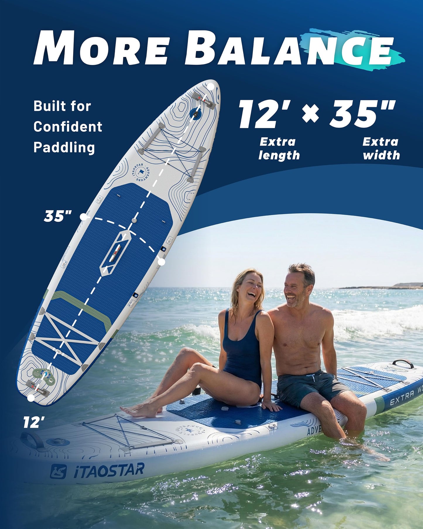 iTAOSTAR Adventure 12' × 35" Inflatable Stand Up Paddle Board with Seat, Extra Wide SUP Board with 5 Fins Stable Design for Familly, Youth, All Skill Levels, Lakes, Oceans & Fishing