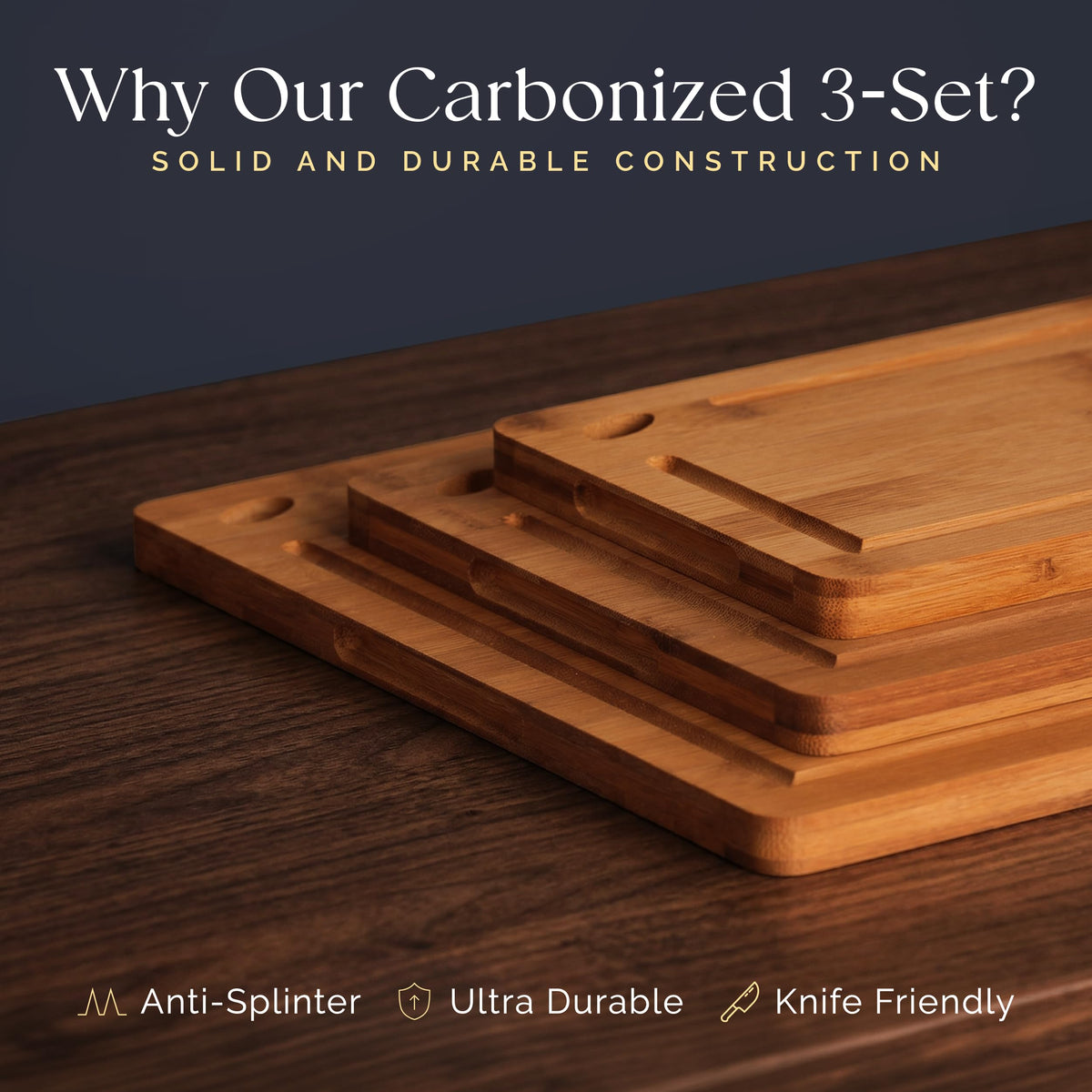 Pre-Oiled, Non Toxic 3-Piece Carbonized Bamboo Cutting Board Set, Eco-Friendly Wooden Chopping Boards for Kitchen with Hanging Hole, 500°F Carbonized Technology Charcuterie Serving Boards Deer & Oak
