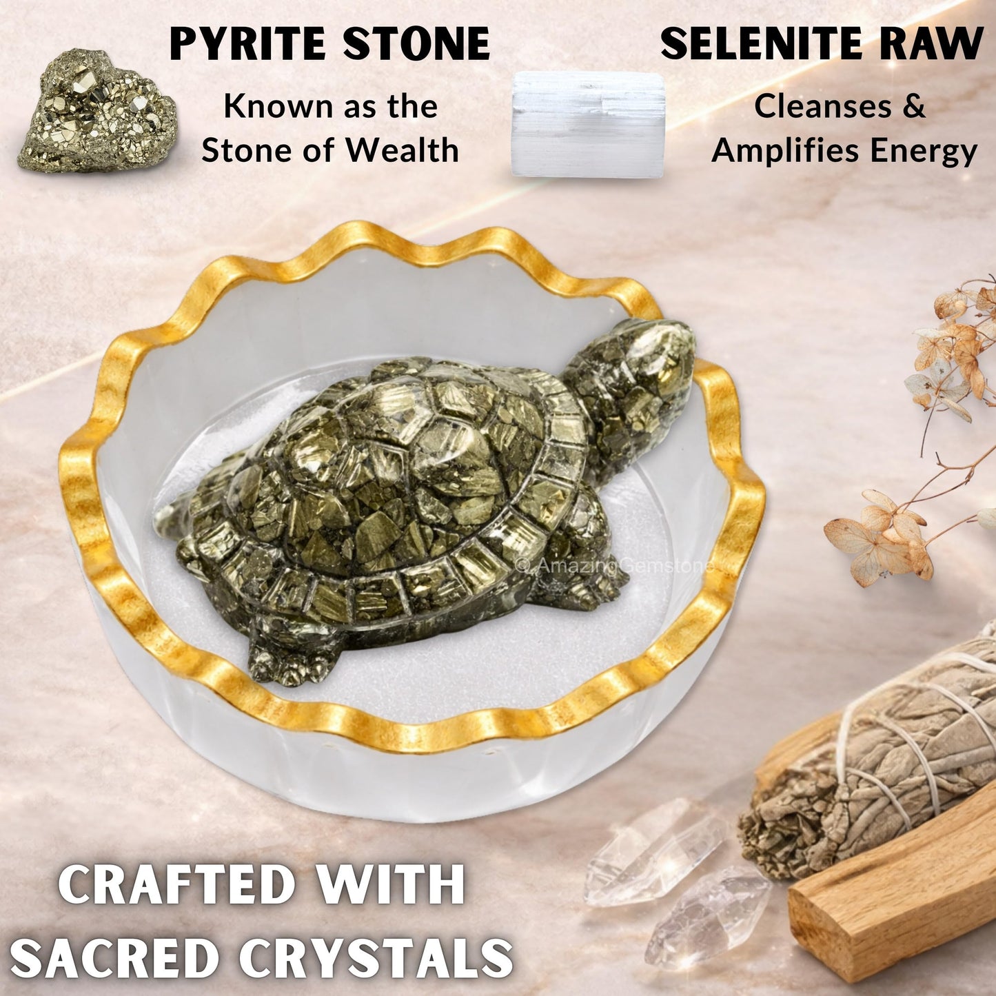 Amazing Gemstone Natural Pyrite Crystal Tortoise with Selenite Bowl | Feng Shui Turtle for Good Luck, Wealth & Positive Energy | Spiritual Home Decor Gift for Office & Meditation