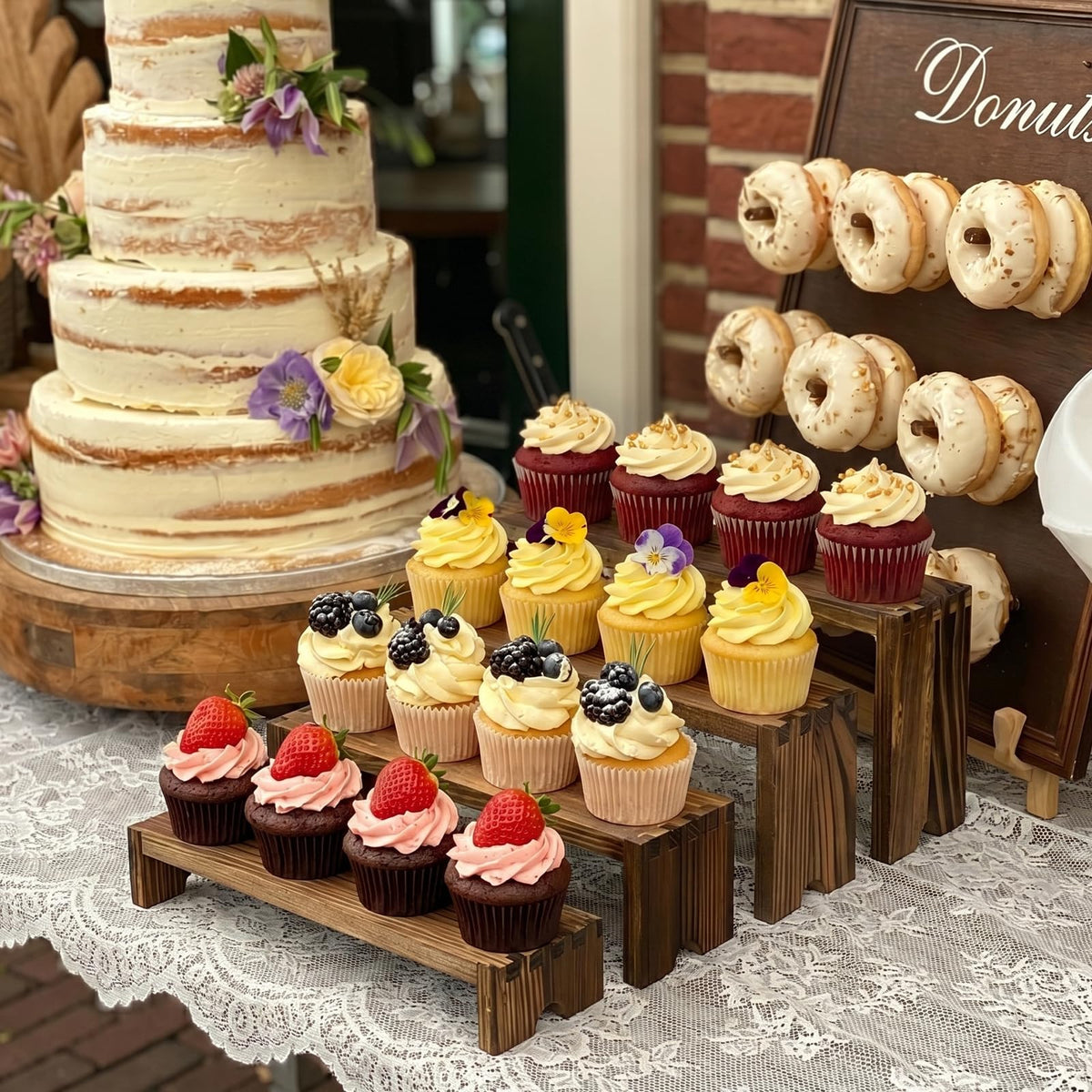 2 Set Wood Risers Tiered Display Stands Wooden Cupcake Stand Small Perfume Organizer Stackable Food Display Risers for Party Dessert Table Cologne Organizer Wood Risers for Decor Vendor, Brown