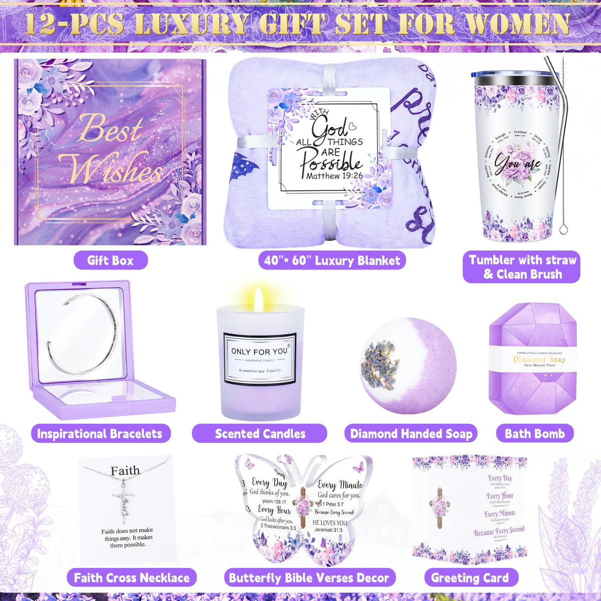 Fortuning's JDS 12PCS Christian Gifts for Women Faith, Inspirational Gifts for Women,Purple Birthday Get Well Soon Gifts, for Mom Her Wife Girlfriend Friend Siste Birthday Gifts