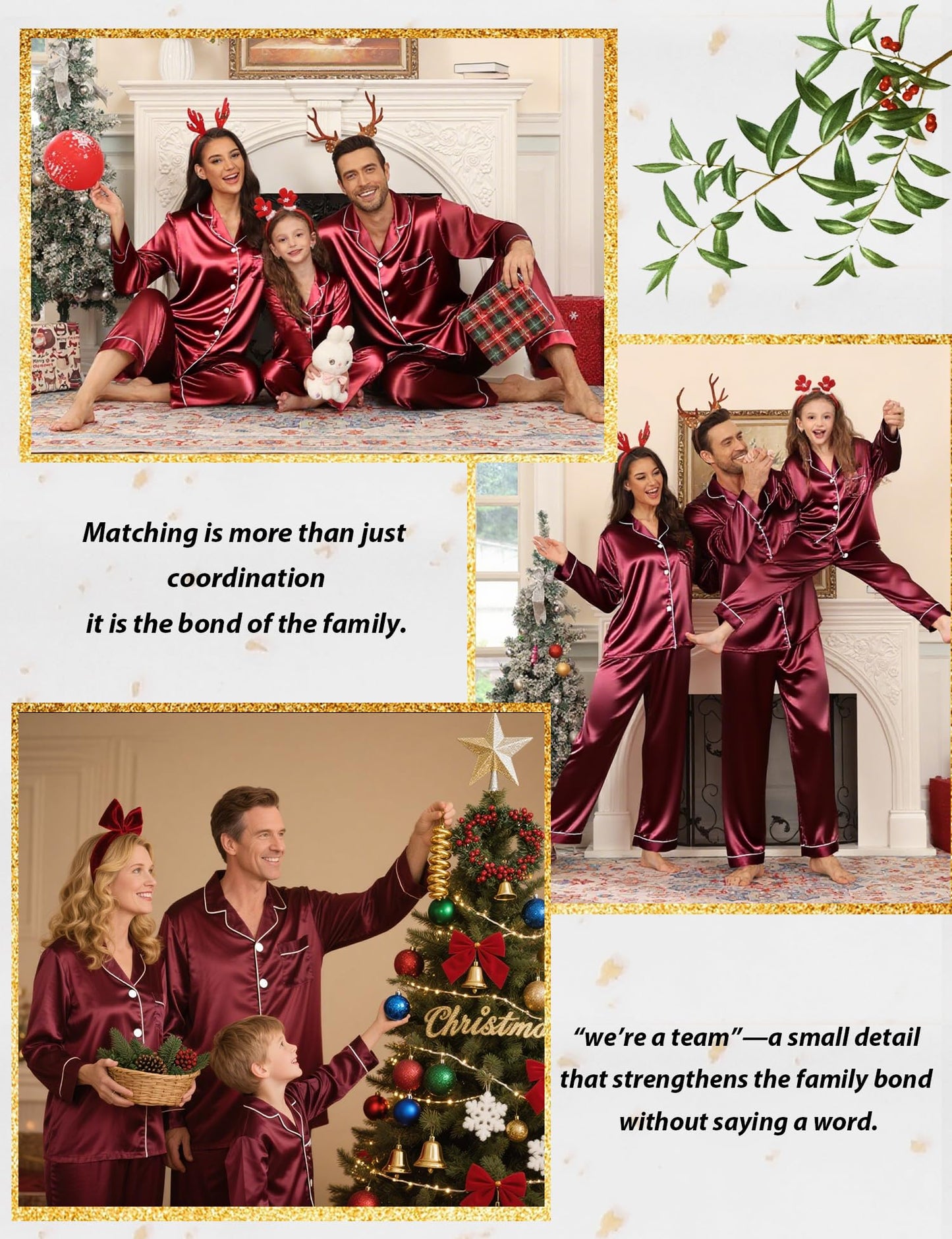SWOMOG Family Matching Pajamas Set Silk Satin Button Down Sleepwear Long Sleeve Nightwear 2 Pcs Pj Set Men Wine Red Large