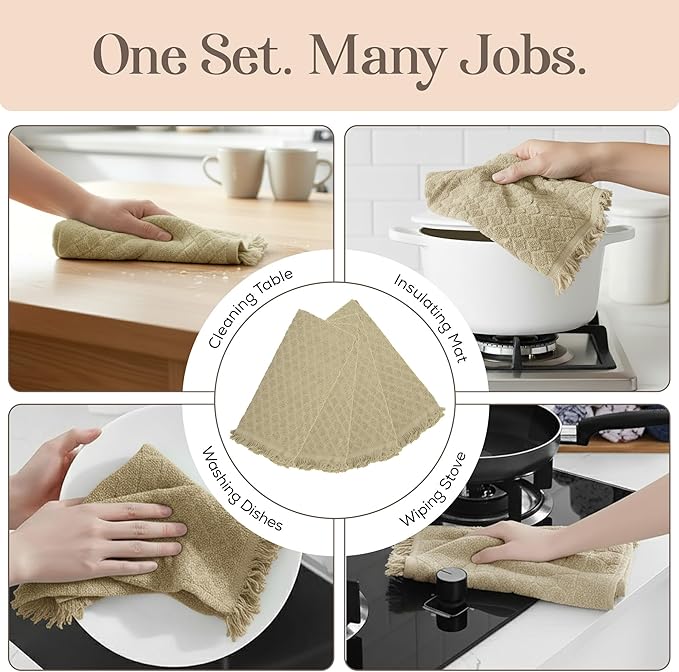 MosJos Kitchen Towels, Sage Taupe Diamond Pattern Drying Towels 18 x 28 Super