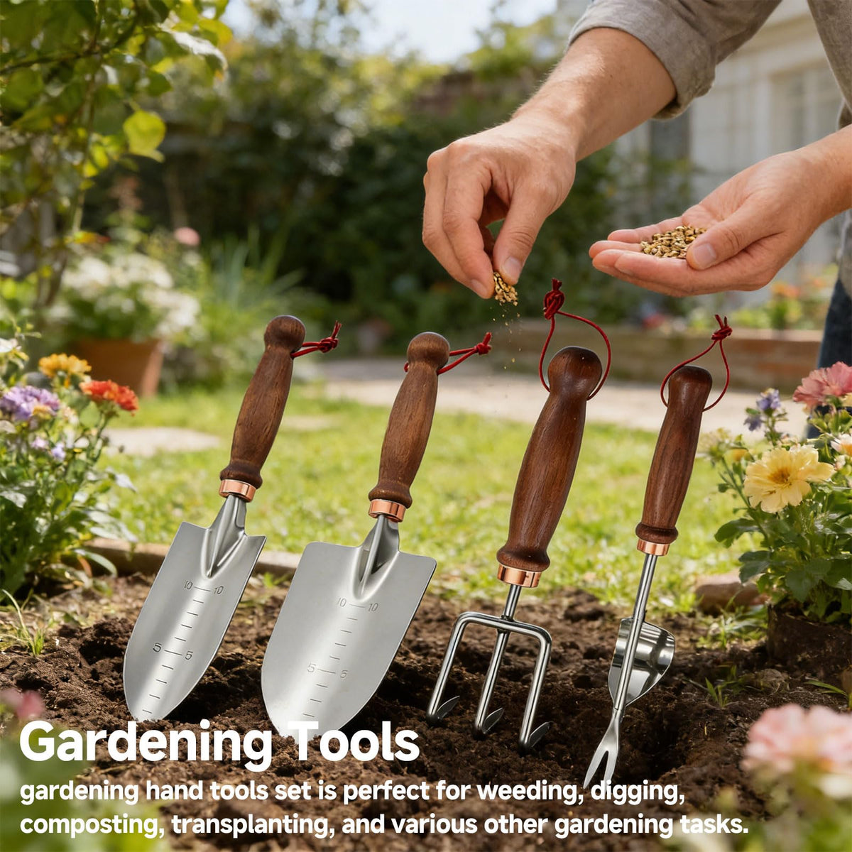 Zenrok Gardening Tools, 4 Pack Garden Tool Set with Wooden Handles Hand Tools with Transplanting Hand Shovel, Rake and Root Picker Ideal for Digging and Planting