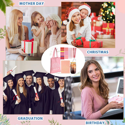Talltalk 14 Pcs Godmother Appreciation Gift Set for Women 16oz Glass Canvas Bag A5 Journal Ballpoint Pen Notes Highlighter for Mother's Day Easter Birthday Wishes(Pink)