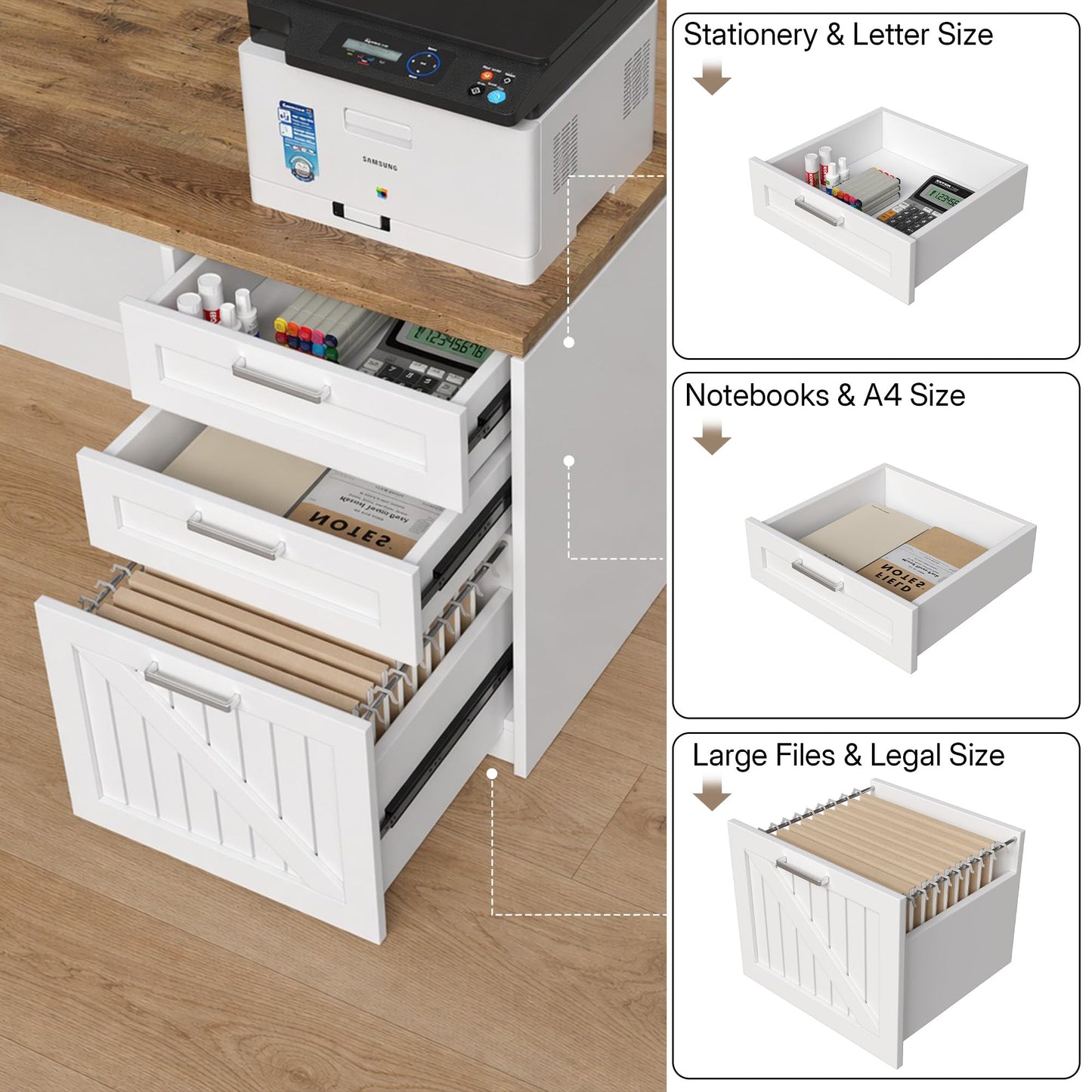 ZIMASYA 71" L Shaped Executive Desk with Table Board & File Cabinet Drawers Outlet USB,Height Adjustable Desk Privacy Panel Sit-Stand Workstation for Boss Managers Office Home,Walnut & White