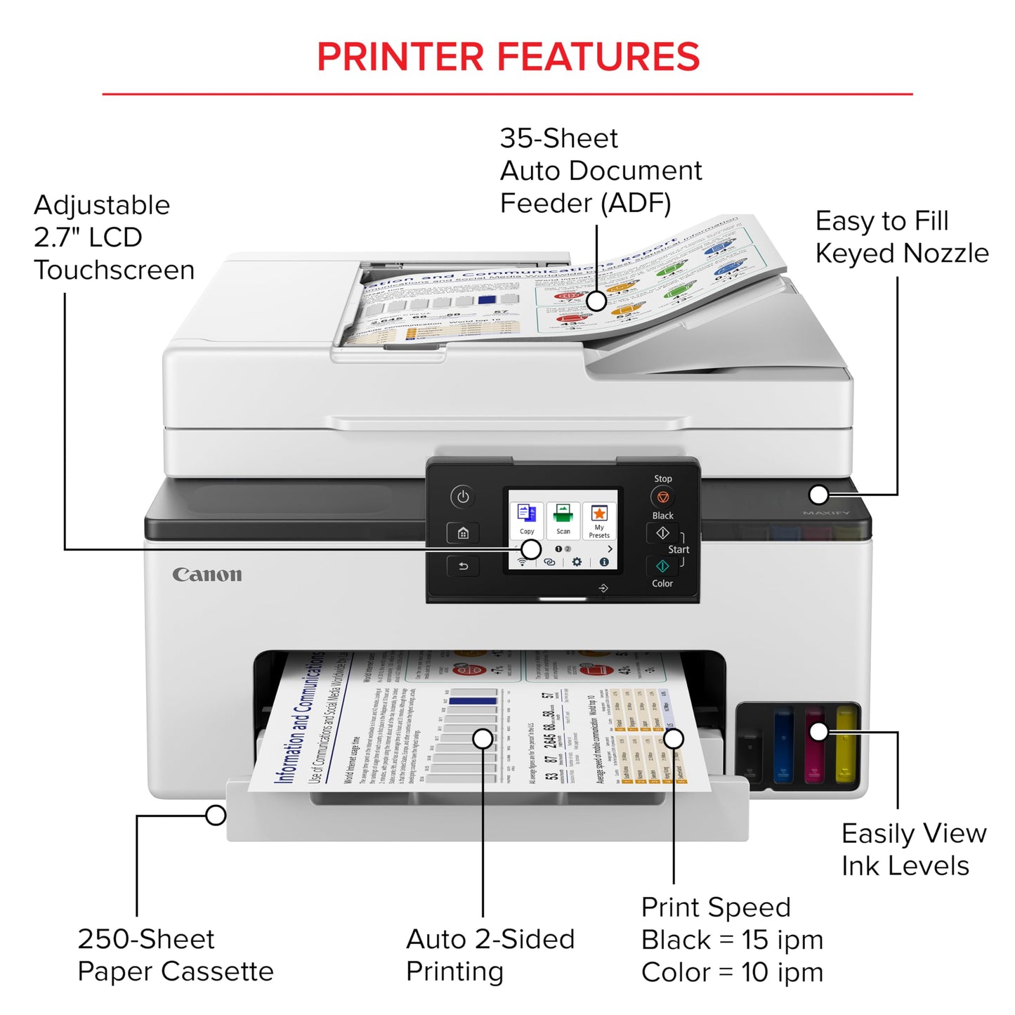 Canon MegaTank MAXIFY GX2020 All-in-One Wireless Color Printer – Print, Copy, Scan with Duplex Printing – Refillable Tank System, Compact Desktop Design – Wireless Print Scan Copy for Home & Office