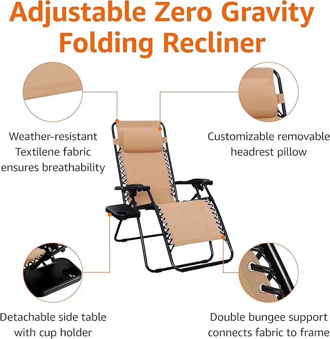 Amazon Basics Outdoor Textilene Adjustable Zero Gravity Folding Reclining Lounge Chair Set with Cup Holder, Side Table, Headrest, Weather-Resistant, 35 x 26 x 43 inches, Beige, 2-Pack