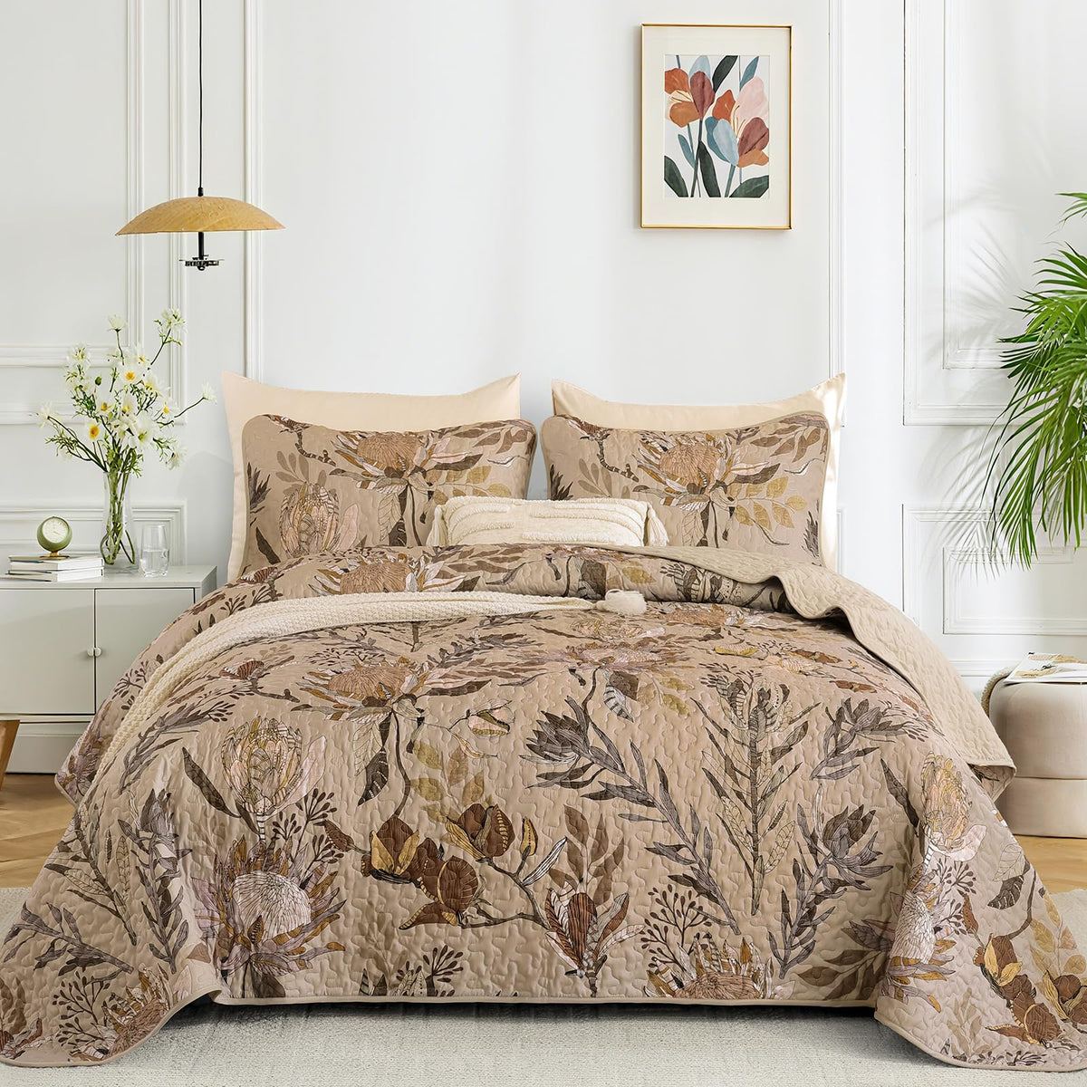 Dintszyayue Quilt Queen Size Brown, 3 Pieces Boho Floral Bedspread Bedding for Queen Size Bed, Soft Lightweight Microfiber Coverlet Set for All Season Quilt with 2 Pillowcases
