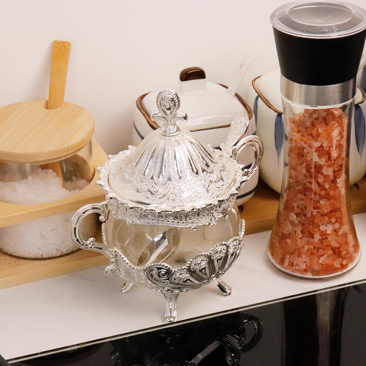 Tsnamay 6.1" Sugar Bowl with Lid and Spoon for Kitchen Coffee Bar and Wedding Party,Sugar Container for Sugar Cube and Powder Sugar,Salt Server,Silver
