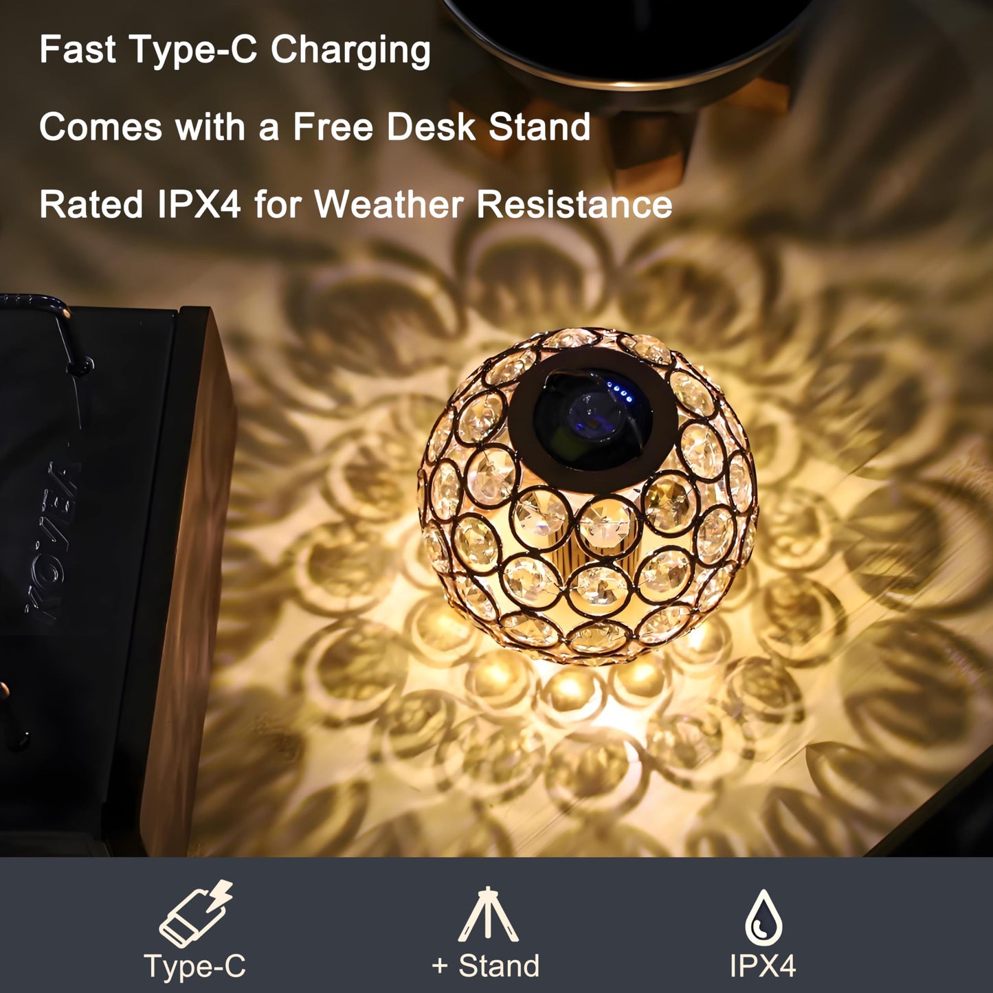 Crystal Orb Camping Light with Etched Glass - 300LM Romantic Projection Light, 3-in-1 Portable Lantern for Desk, Floor & Hanging, Rechargeable, Warm White Light, IPX4, Ideal for Bedroom, Camping Gifts