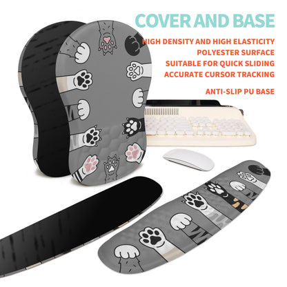 KUOSGM 2-in-1 Ergonomic Set, Wave Rise Keyboard Wrist Rest and Massage Bulge Slope Mouse Pad Wrist Support, Cushion Memory Foam Integrated to Relieve Wrist Pain, Cute Cat Paws
