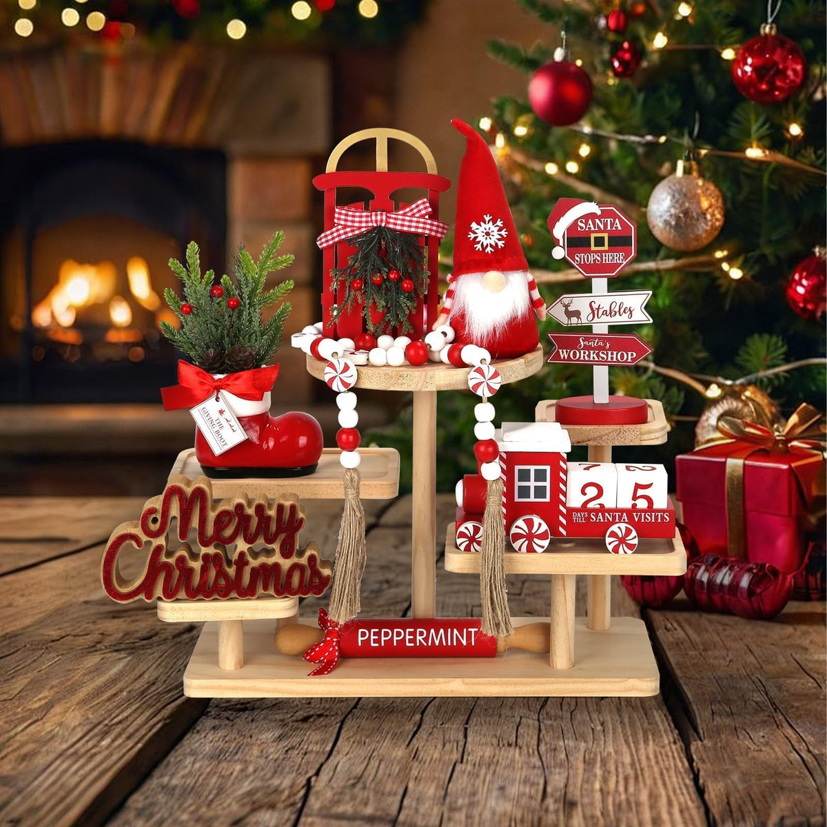 Christmas Decorations 8 PCS Tiered Tray Decor Set, Cute Tabletop Christmas Decor for Home Office Shelf Mantel Coffee Bar Xmas Table Centerpieces Tray Objects Holiday Decoration Set