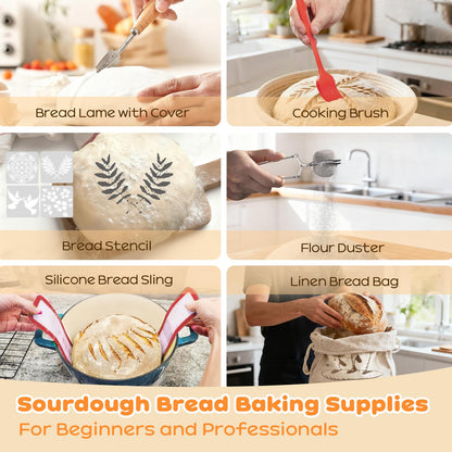 Sourdough Starter Kit, 9" Round & 10" Oval Banneton Bread Proofing Basket, Sourdough Bread Baking Supplies with Sourdough Starter Jar & Bread Slicer, Sour Dough Kit Gifts for People Who Love Baking