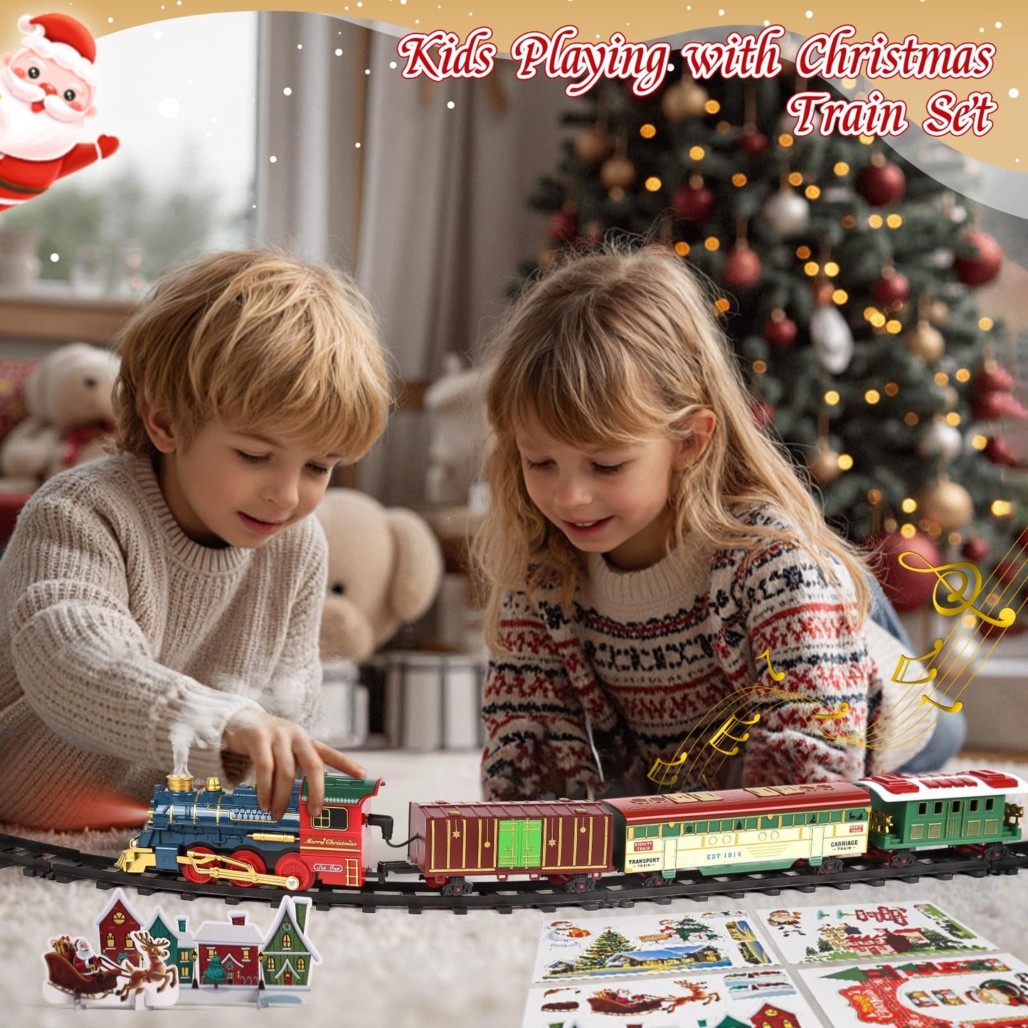Christmas Steam Electric Train Set Gifts Box with Track, Lights, Music, Smoke, USB Rechargeable Battery,Includes Locomotive and Cars,Card Scene Setup, Under Christmas Tree, Holiday Toy for Kids Age 3+
