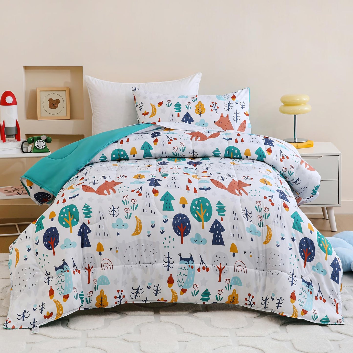 Homilay Toddler Size Cute Fox Comforter Set for Kids, Toddler, Boys&Girls, 4 Pieces Bed-in-a-Bag Bedding Set, All Season Ultra Soft Oeko TEX Sheets Set with Comforter, (Forest)