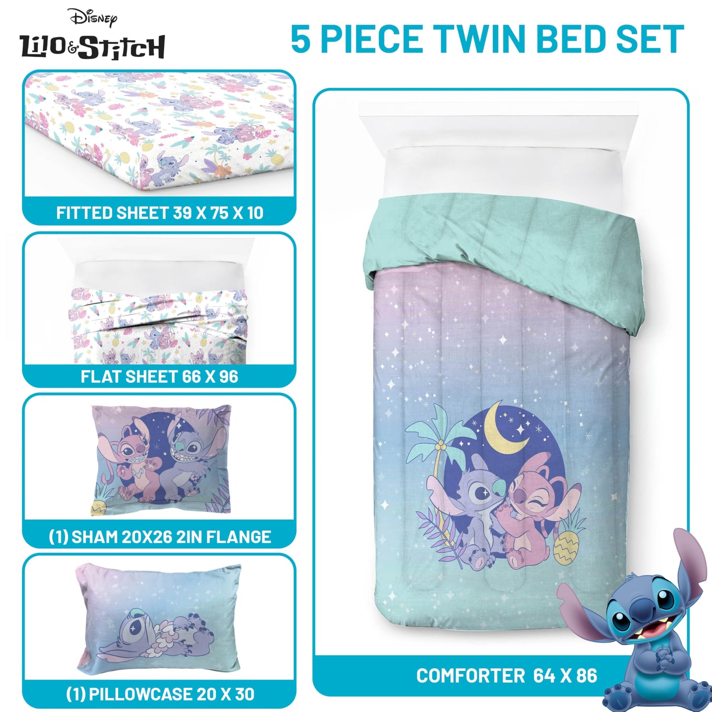 Disney Lilo & Stitch Twin Comforter Set, 5 Piece Bed in a Bag with Stitch & Angel - Super Soft Fade Resistant Microfiber Girls Bedding - Machine Washable (Officially Licensed Disney) by Jay Franco