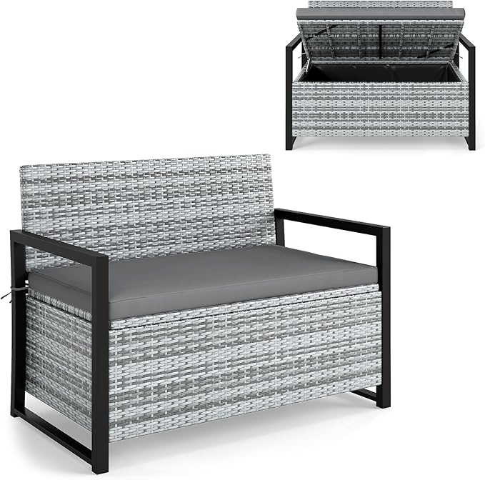 RELAX4LIFE Wicker Outdoor Bench with Storage - Rattan Deck Box w/Protective Liner for Pillows, Pool Supplies, Garden Tools, Patio Loveseat with Seat Cushion & Metal Armrests for Backyard Porch Balcony