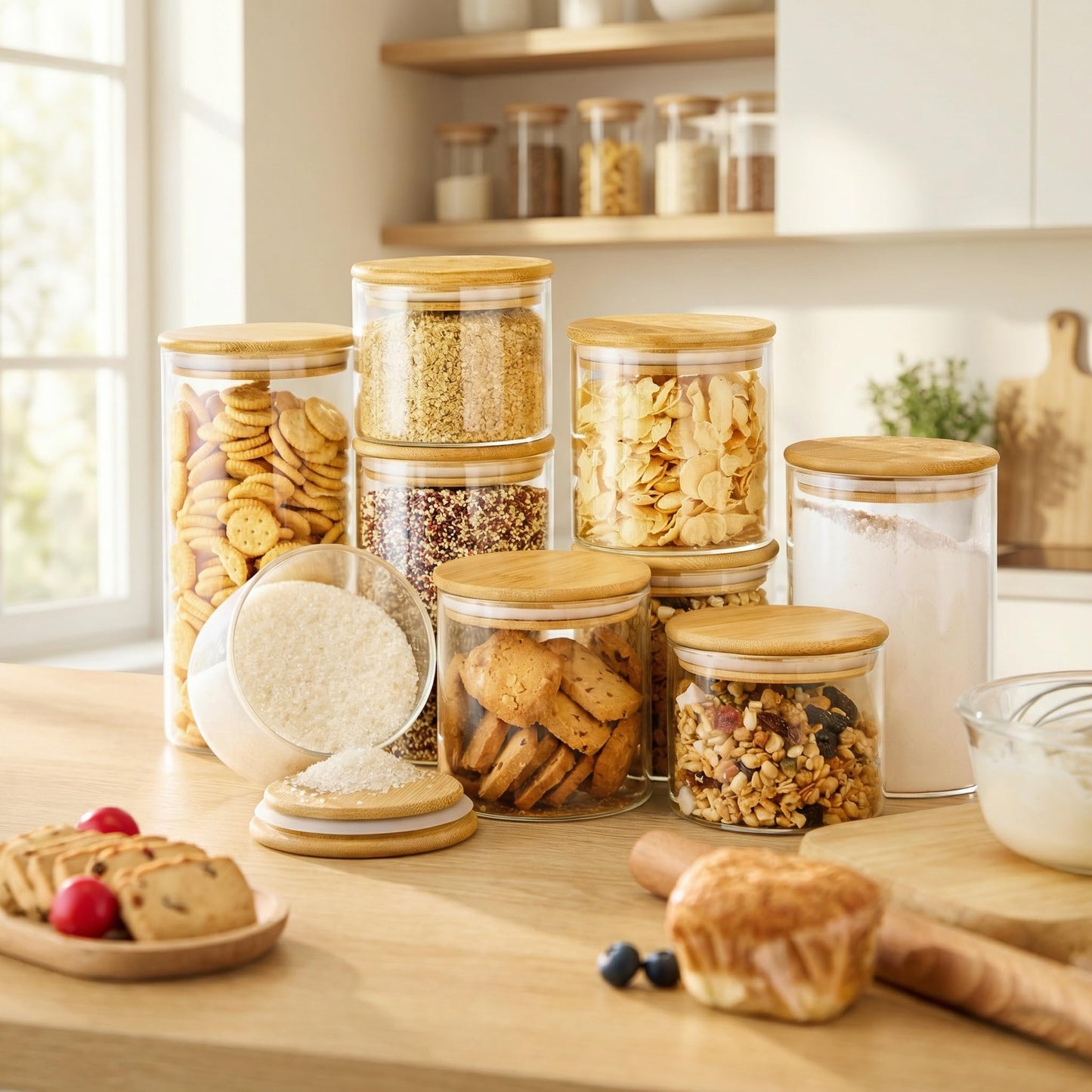 32oz - 4 Pack Glass Jars with Bamboo Lids, Glass Pantry Storage Containers with Airtight Lids, Round Air Tigh Food Storage Canisters for Cereal, Pasta, Flour, Sugar, Rice, Best for Kitchen Organizer