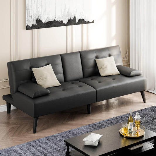 Shintenchi Futon Sofa Bed, Leather Foldable Futon Couch, Reclining Sleeper with Removable Armrests, Upholstered Loveseat Sofa Couch with Folding Cup Holders for Home, Office(Black)