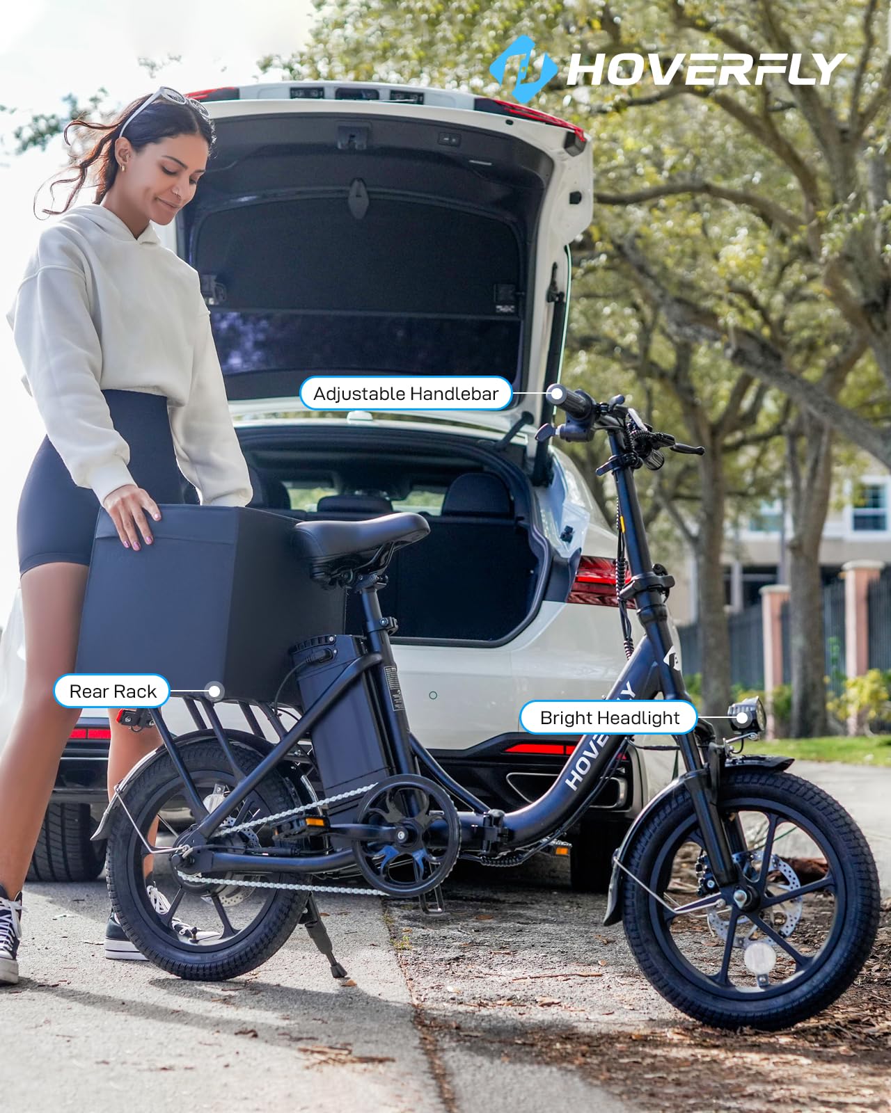 Hoverfly H3 16" Electric Bike, Max 28Miles Range(Pedal-Assist) & Speed 15.5 Mph Power by 500W Peak Motor, Folding E-Bike with Removable Battery, Front Suspension, Commuter Electric Bicycle Adults