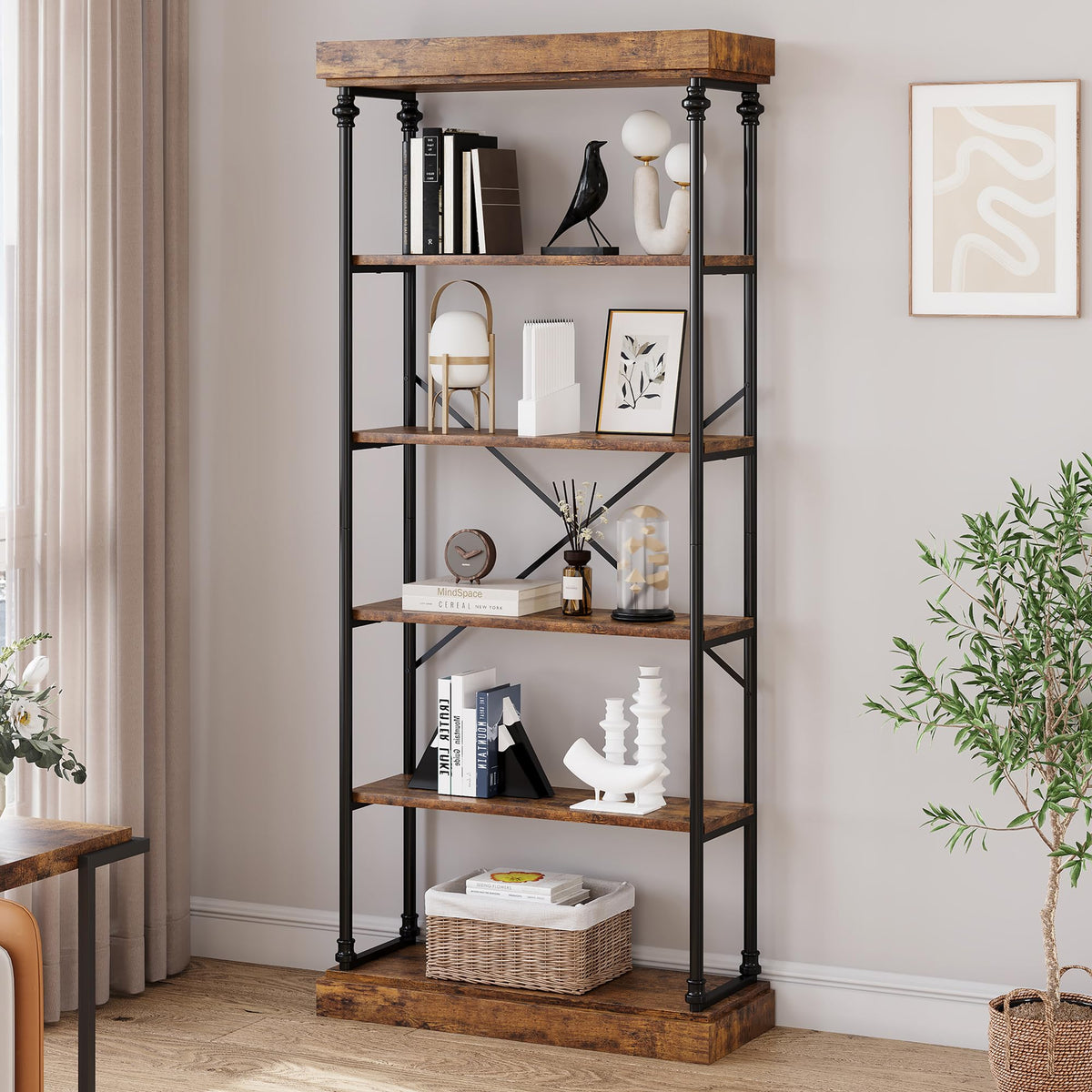 GarveeHome 6 Tier Bookshelf Industrial Bookcase Wood Tall Standing Bookshelves Wood Vintage Display Rack Rustic Bookshelf