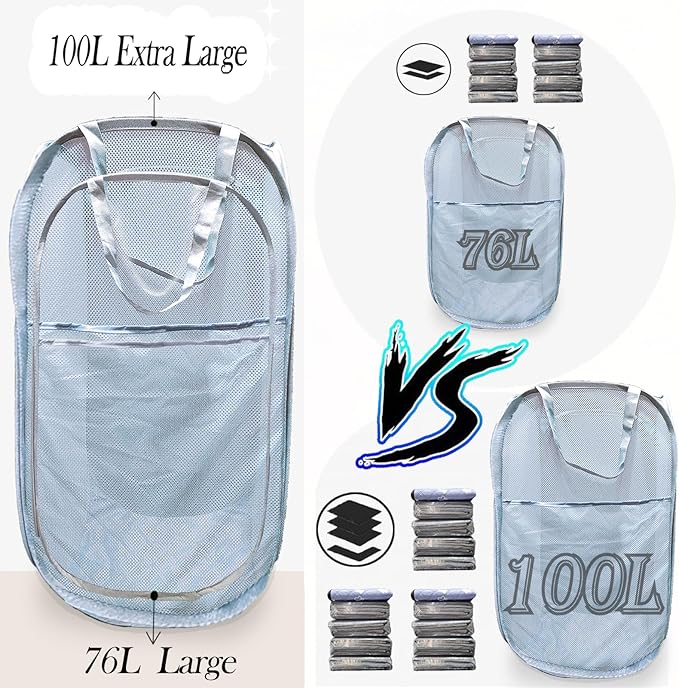 Extra Large Mesh Pop Up Laundry Hamper 2 Pack, 100L Foldable Laundry Baskets