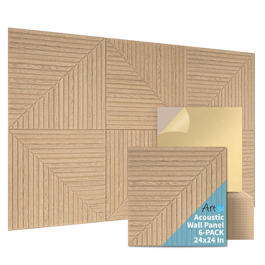 Art3d 6-Pack Self-Adhesive Acoustic Wall Panels for Home Décor, 24 x 24 Inch Soundproofing Panels for Office Studio Bedroom - High Noise Absorption Polyester Fiber, Wood Grain Airbrush