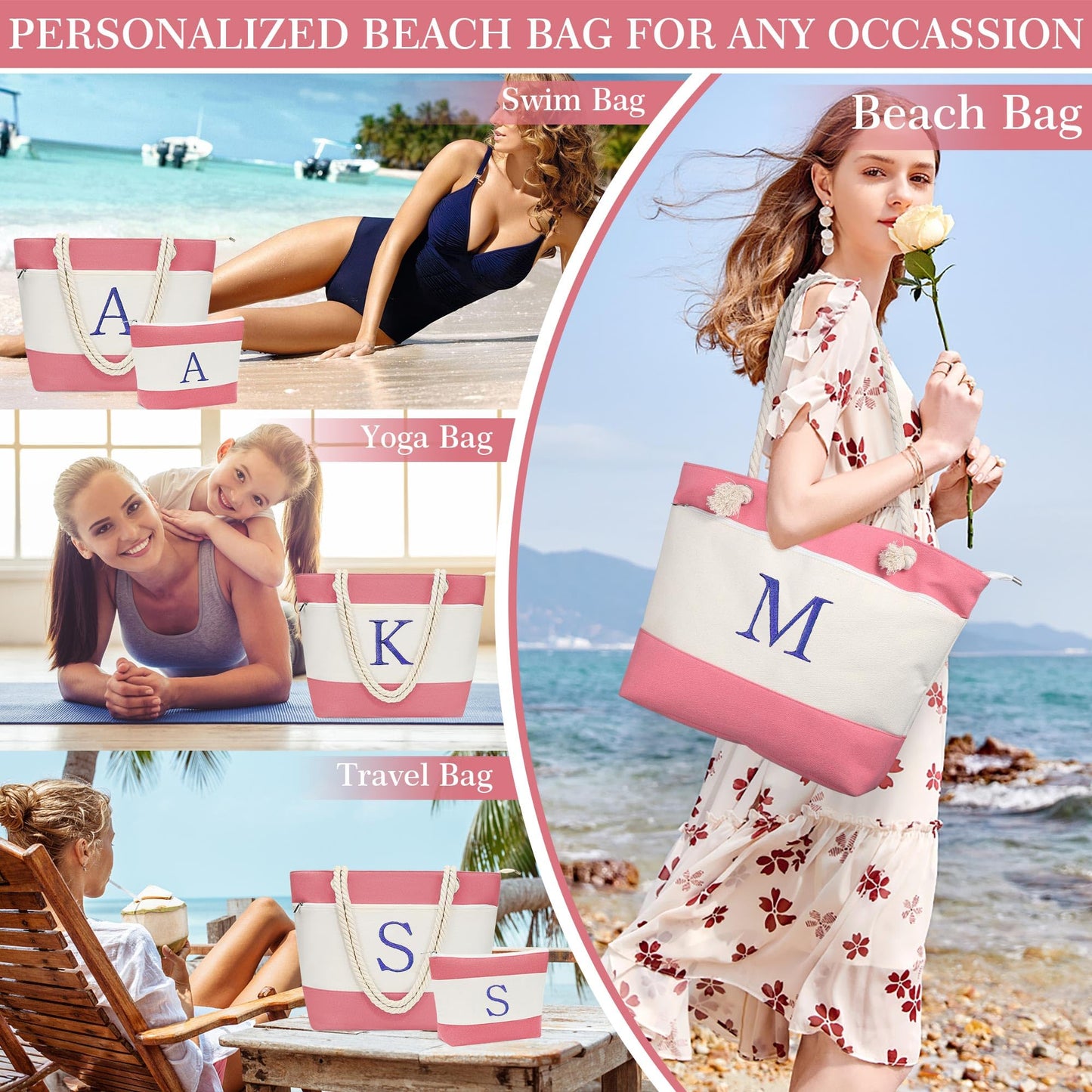 YOOLIFE Birthday Gifts for Women - Mothers Day Gifts, Beach Bags for Women, Pink Beach Bags Waterproof Sandproof Initial Canvas Tote Bag Mom Girlfriend Teacher Sister Friend Female Her Gift Idea A