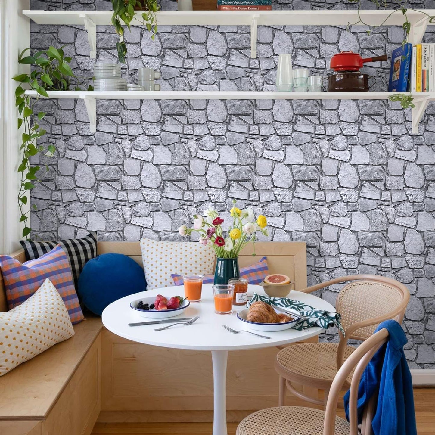 Commomy 3D Faux Stone Peel and Stick Wall Tiles - Fake Stone Wall Sticker 10 Pcs of 11.8" x 11.8" Thin Ultralight PVC Rock Wall Tile Interior Wall Covering Kitchen Backsplash,Interior Wall Decor