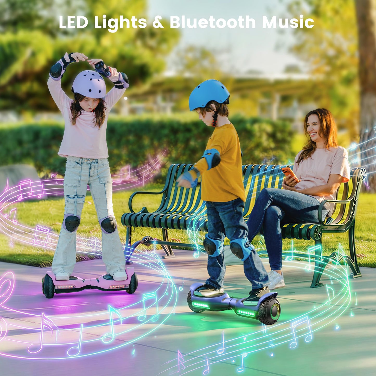 Gyroor Scooter with Adjustable Seat Attachment, 6.5" All-Terrain Self Balancing Scooter, LED Lights & Bluetooth for Kids and Adults, Black