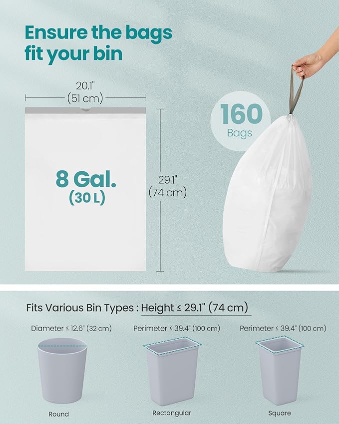 SONGMICS Trash Bags for 8-Gallon Trash Cans, Drawstring Kitchen Garbage Bags