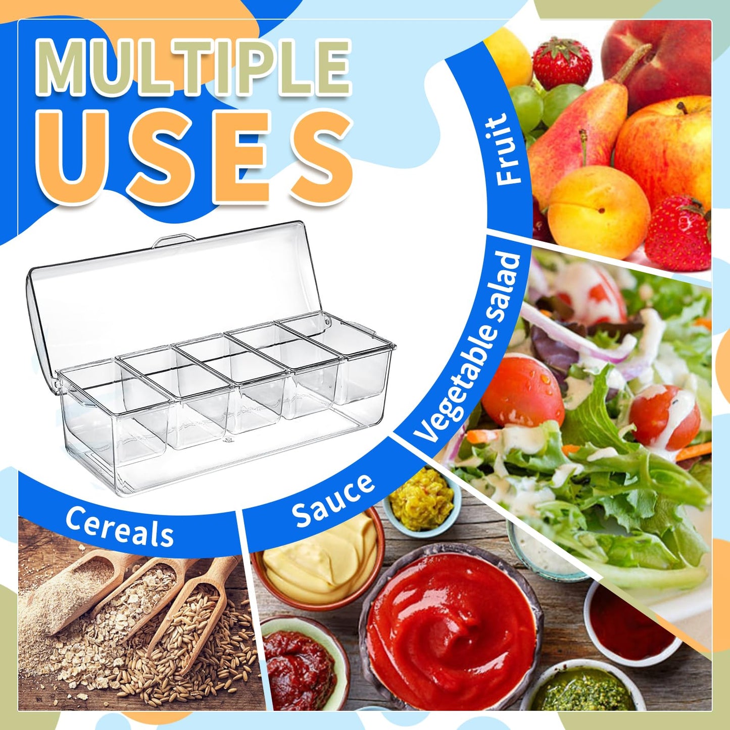 Large Ice Chilled Condiment Caddy，Chilled Condiment Containers Server with Lids for 5 Removable Compartments (2.5 cup)，Serving Platters , Fruit & Garnish Tray for Party Supplies & Bar Accessories