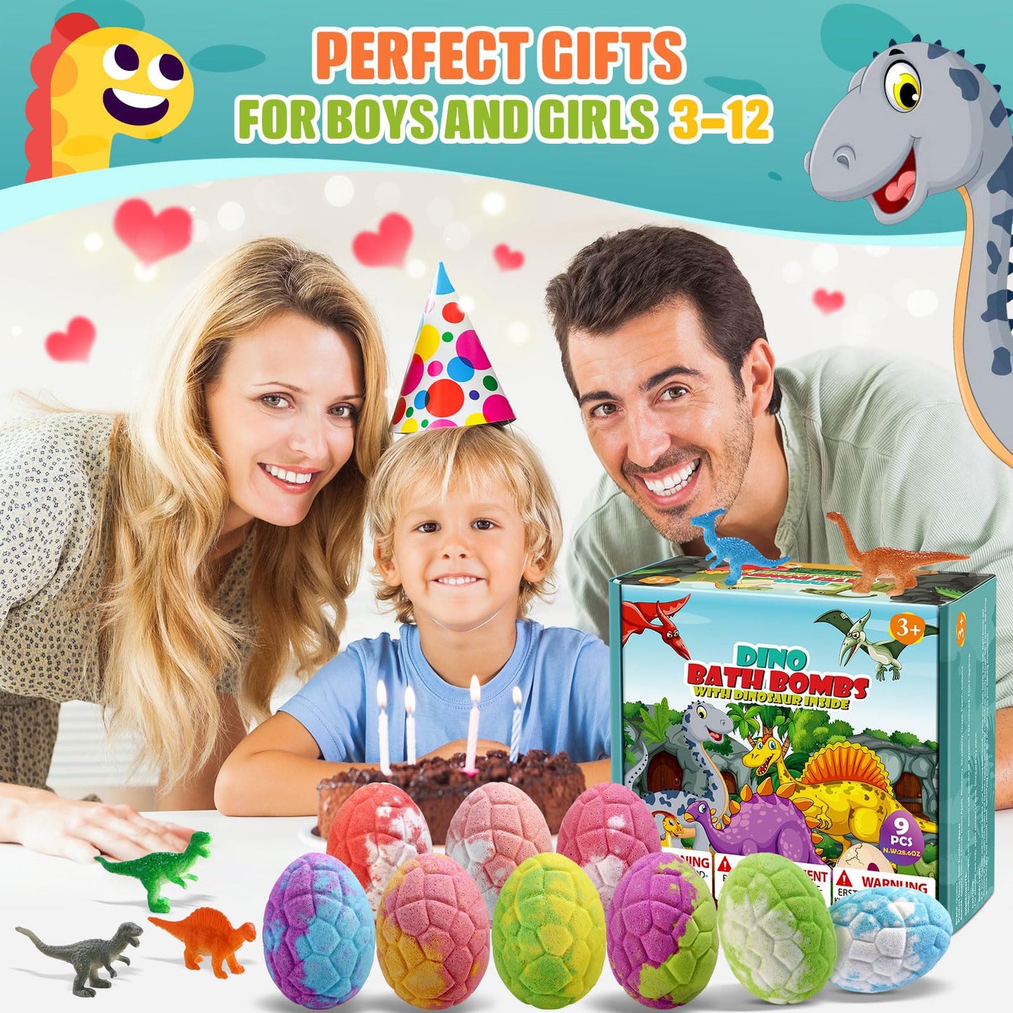 Qivatex Gifts for Kids Dinosaur Bath Bombs, 9 Pack Natural and Organic Dino Bath Bombs Bubble Bath Gift Set, Perfect Birthday Gifts for Boys Girls 3-12