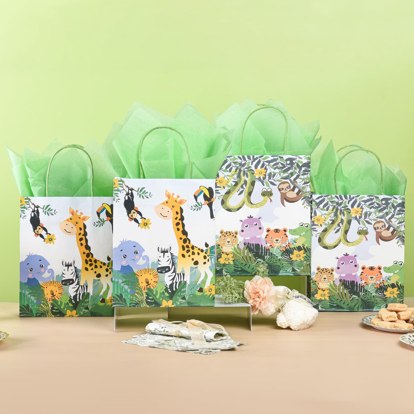 36 Pack Medium Jungle Safari Woodland Animal Themed Paper Gift Bags with Handles and Green Tissue Paper for Birthday Baby Shower Party Favors Goodies Treats, 10x8x4 Inch (2 Assorted Designs)