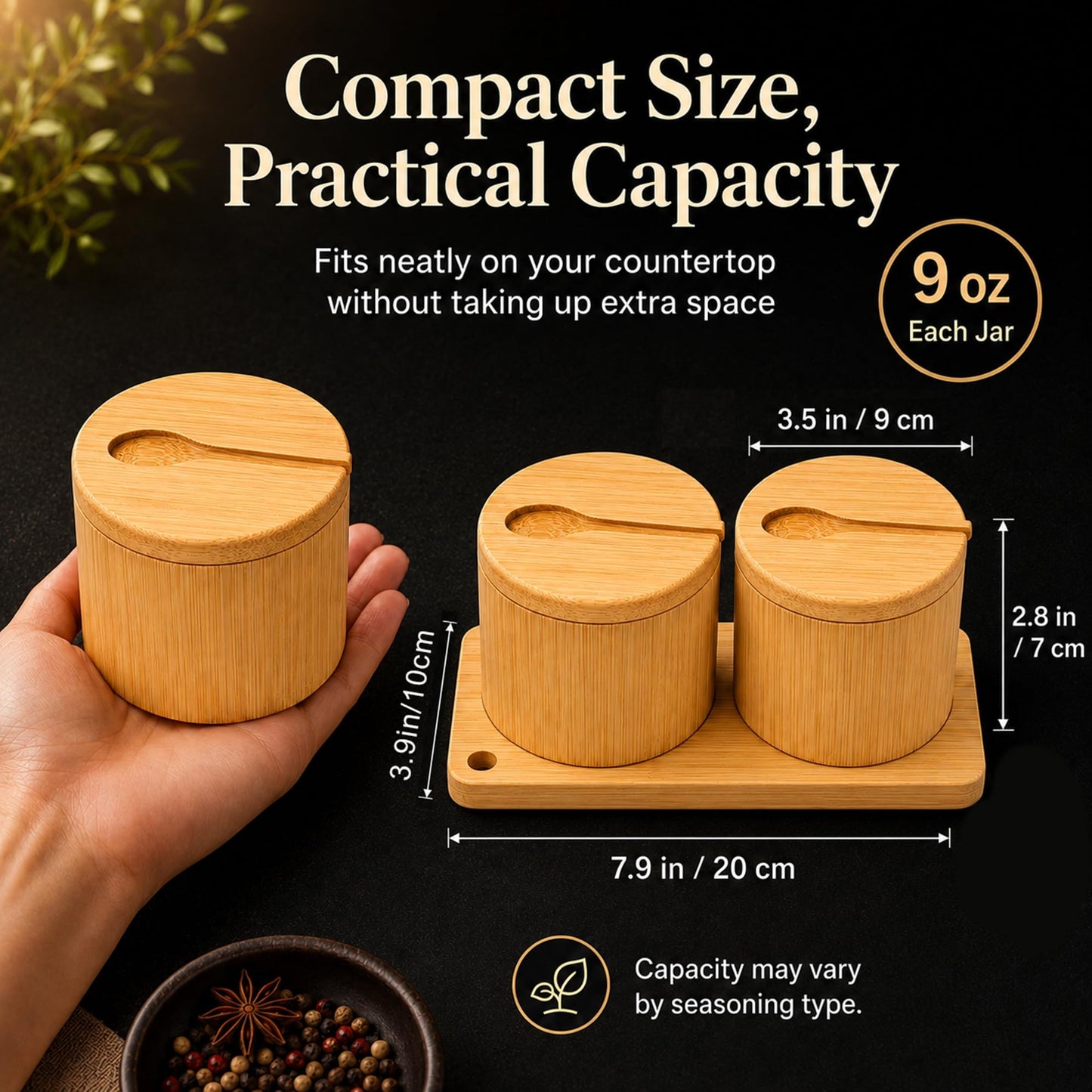 Bamboo Salt Cellar Set with Tray, 2 Salt and Pepper Cellar with Lids & Spoons, Magnetic Swivel Lid, 16 Labels, Spice Containers for Salt, Pepper, Sugar, Spices, Kitchen Countertop Organizer, 9 OZ Each