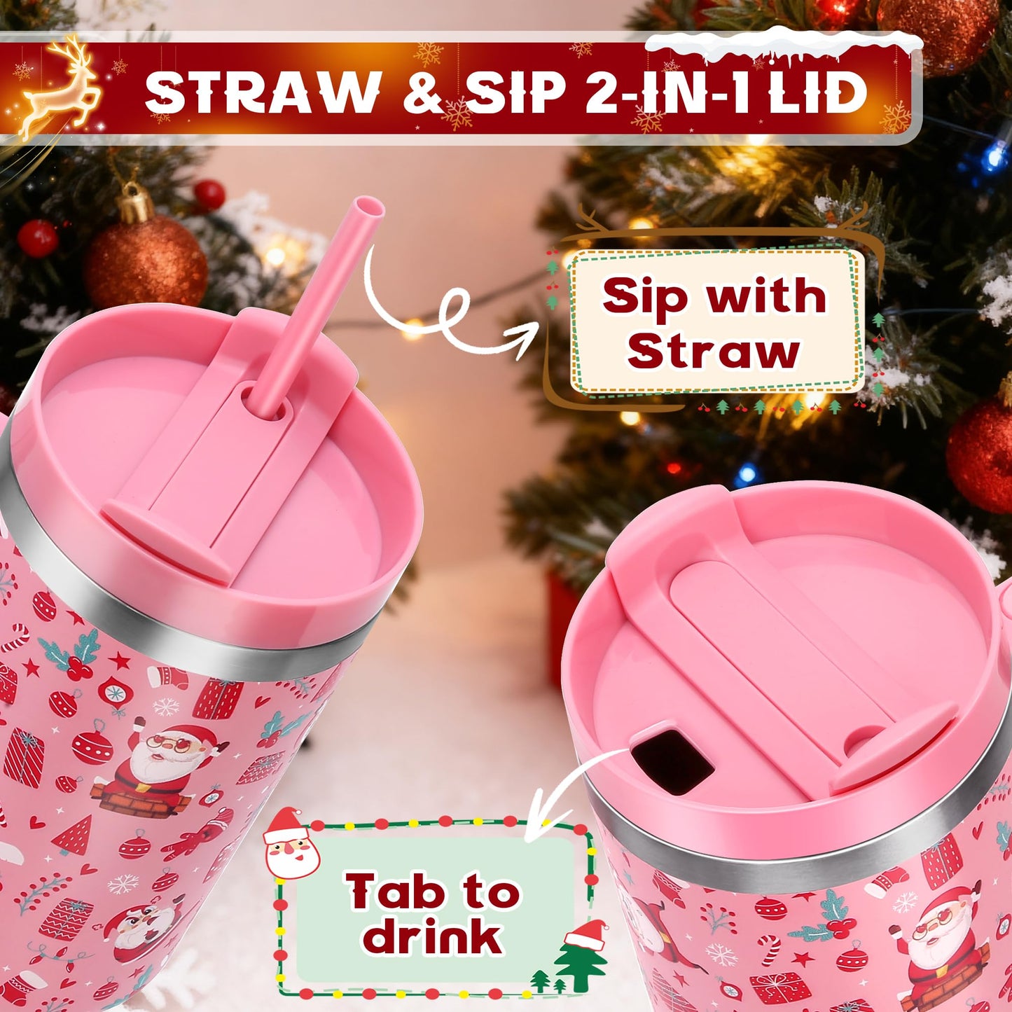 Skywerc Christmas Gifts for Women Mom Daughter, 40 oz Christmas Tumbler with Handle and Straw Lid, Xmas Stainless Steel Insulated Travel Mug, Keep Cold for 34 Hours (Red Santa & Deer)