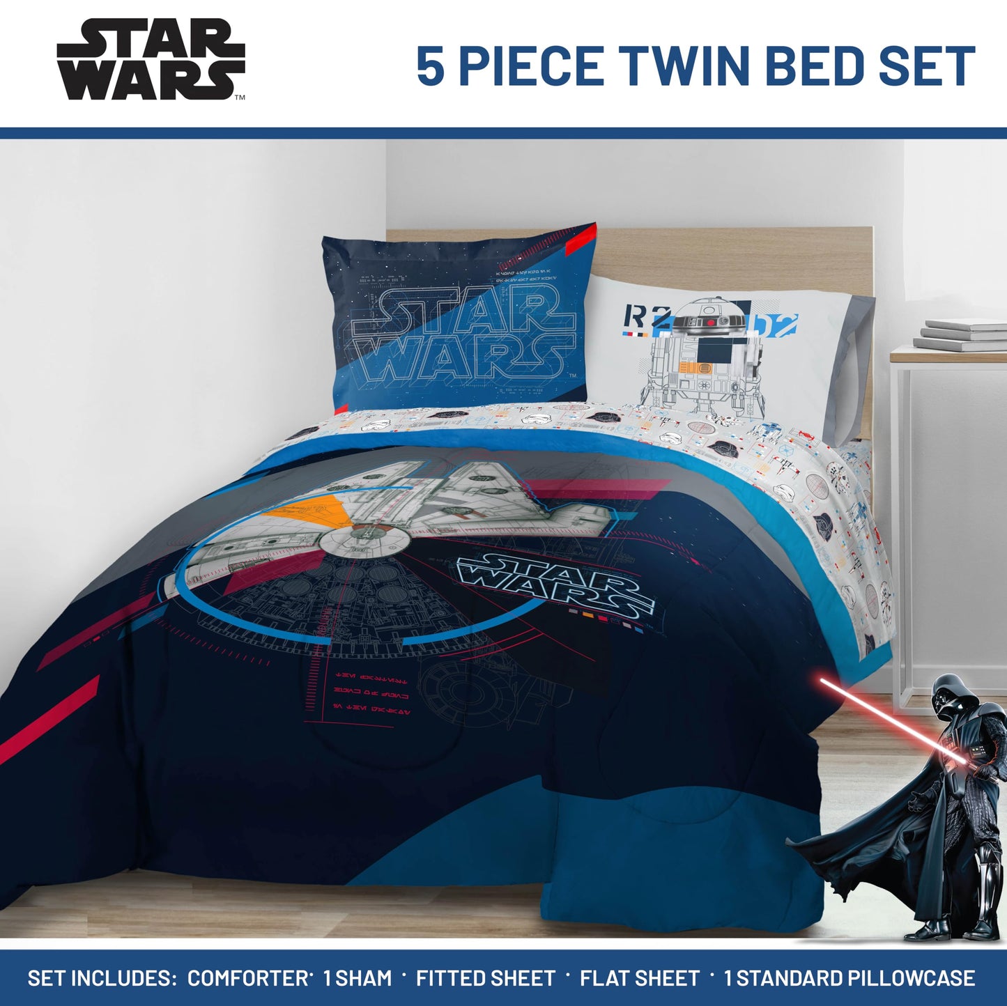 Jay Franco Kids Bed Set, Dark Blue, Star Wars, 5 Piece Twin