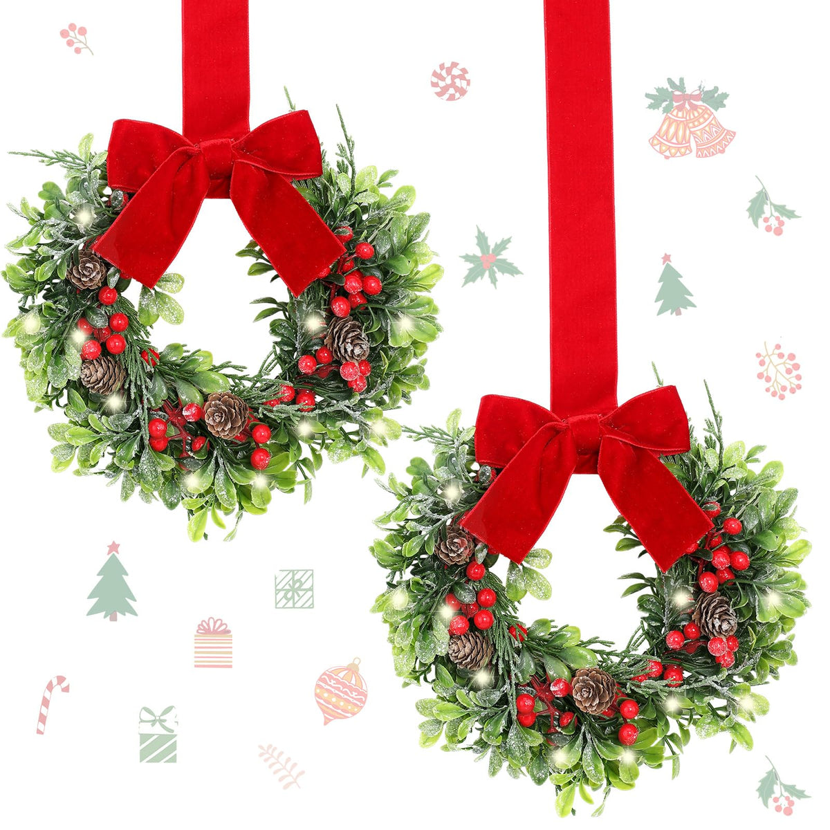 Thiccywoov 2 Pcs 9 Mini Christmas Wreath for Front Door Christmas Artificial Red Berries Parasitic Leaf Winter Wreath for Cabinet Wedding Window Home Wall Indoor Decor