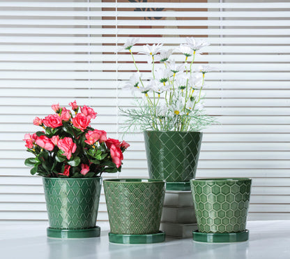 BUYMAX Plant Pots Indoor –5 inch Ceramic Flower Pot with Drainage Hole and Ceramic Tray - Gardening Home Desktop Office Windowsill Decoration Gift, Set of 4 - Plants NOT Included (Patina)