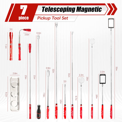TOOLEAGUE 7Pcs Telescoping Magnetic Pickup Tool Set, Extendable LED Flashlight,Round & Square 360° Inspection Mirror for Men Mechanics, and Handymen, Red