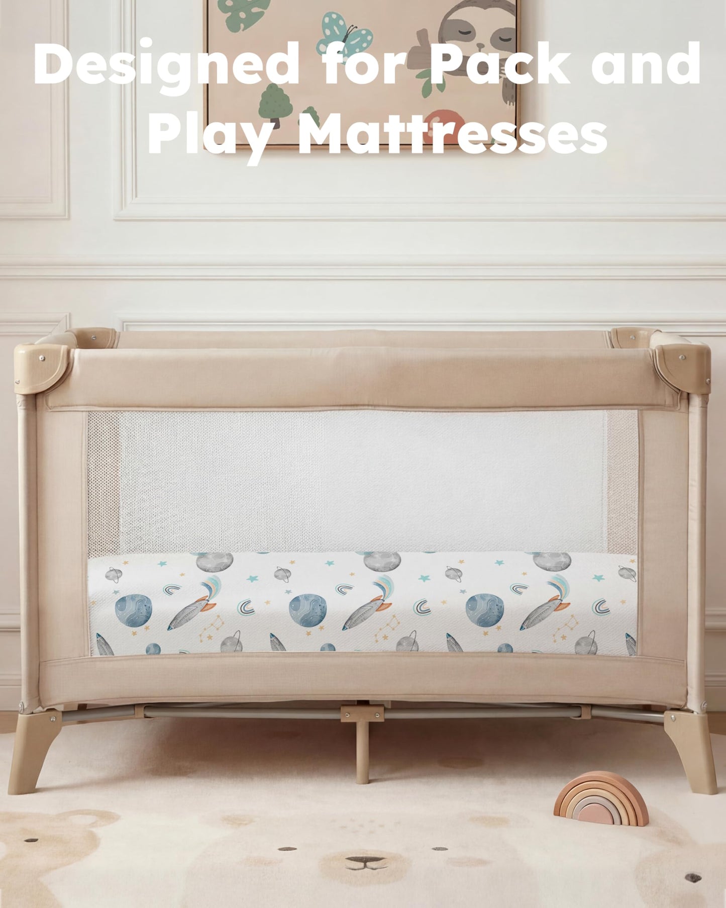 Nyessmee Pack and Play Sheets for Boys Girls, 38" x 26" Mini Crib Sheets Fitted for Pack n Play Mattress, Soft Breathable Playard Sheets, 2-Pack Blue Rocket