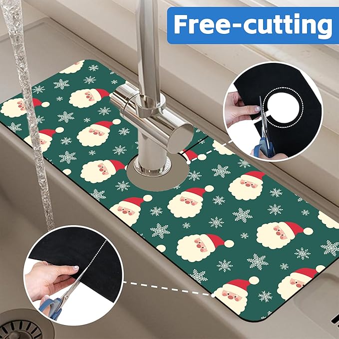 Christmas Kitchen Sink Splash Guard Mat Santa Claus and Snowflakes Sink Splash