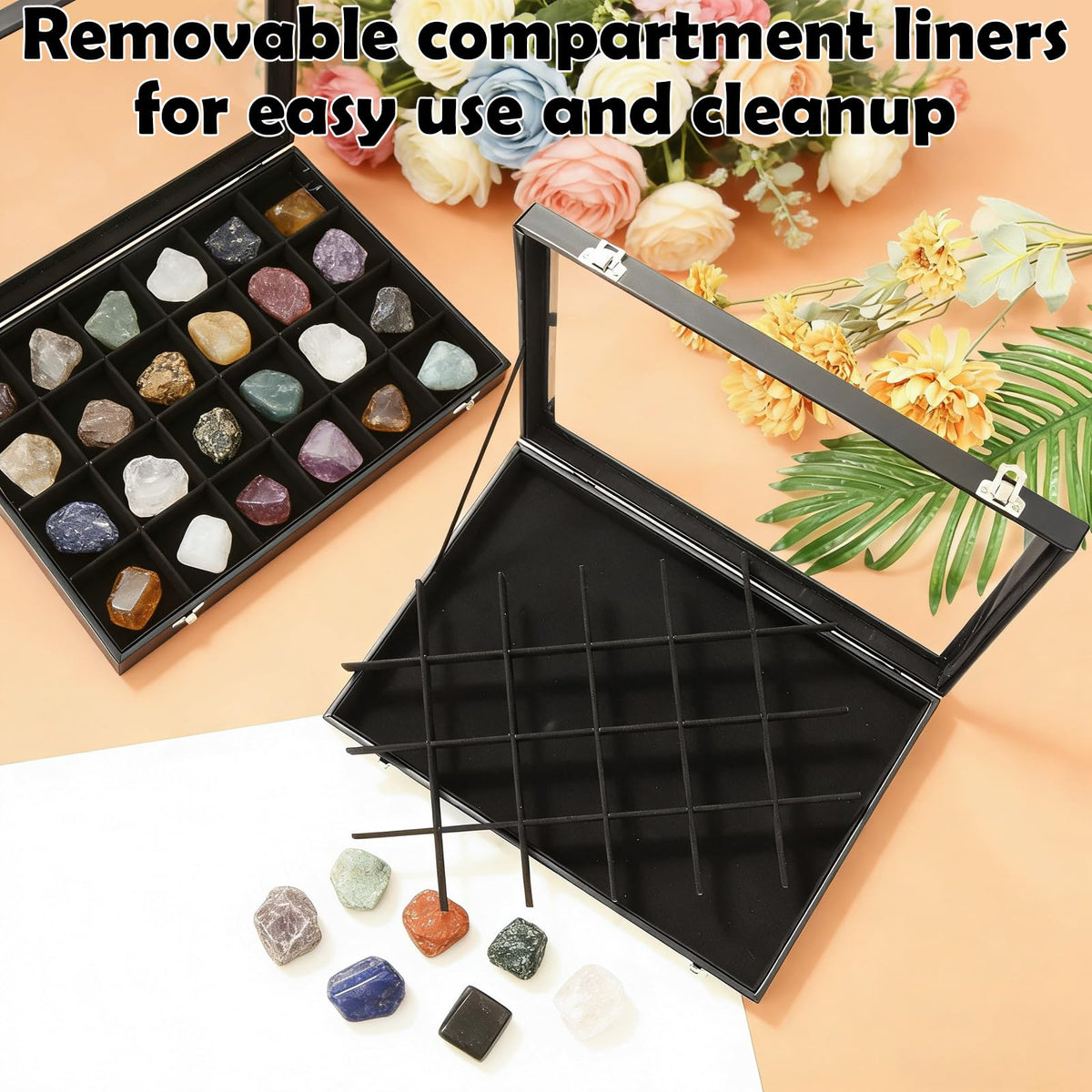 Acrux7 2 Pack Rock Collection Display Case, 24 Grid Rock Display Case, Black PU Leather Rocks Collection Box with Clear Glass Lid and Soft Velvet Grids for Collectibles, Gemstone, Crystal, Small Stone