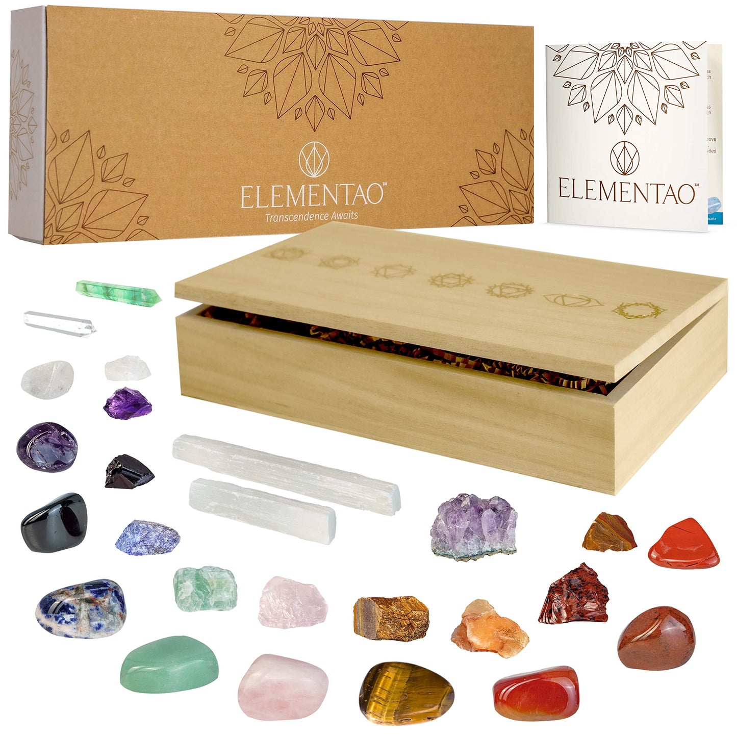 Elementao Chakra Crystals and Healing Stones – 25 Polished and Raw Gemstones and Storage Bag, Fluorite Wand and 2 Selenite Wands, Quartz Point and Engraved Wooden Box, Natural Crystal Set for