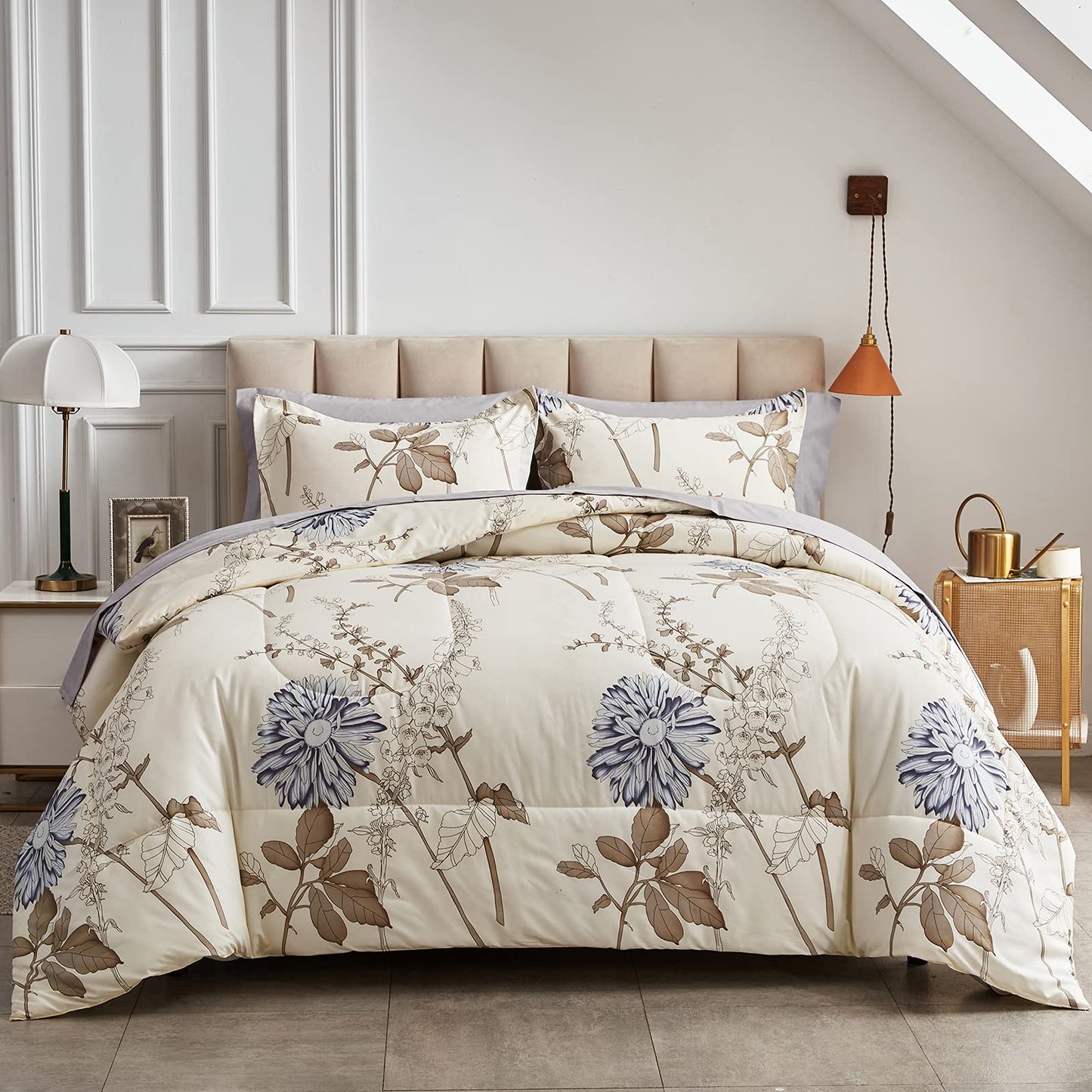 Joyreap 7 Piece Bed in a Bag Queen, Elegant Flower Botanical Smooth Soft Microfiber Floral Comforter Set for All Season (1 Comforter, 2 Pillow Shams, 1 Flat Sheet, 1 Fitted Sheet, 2 Pillowcases)