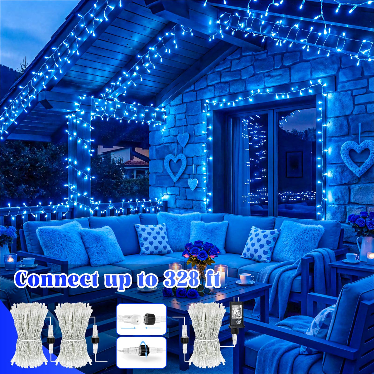 Nielfoi 100FT 300 LED Outdoor String Lights, Plug in Connectable Christmas Lights Indoor, Waterproof 8 Modes String Lights for Outside House Room Wedding Patio Garden Holiady Decorations, Blue