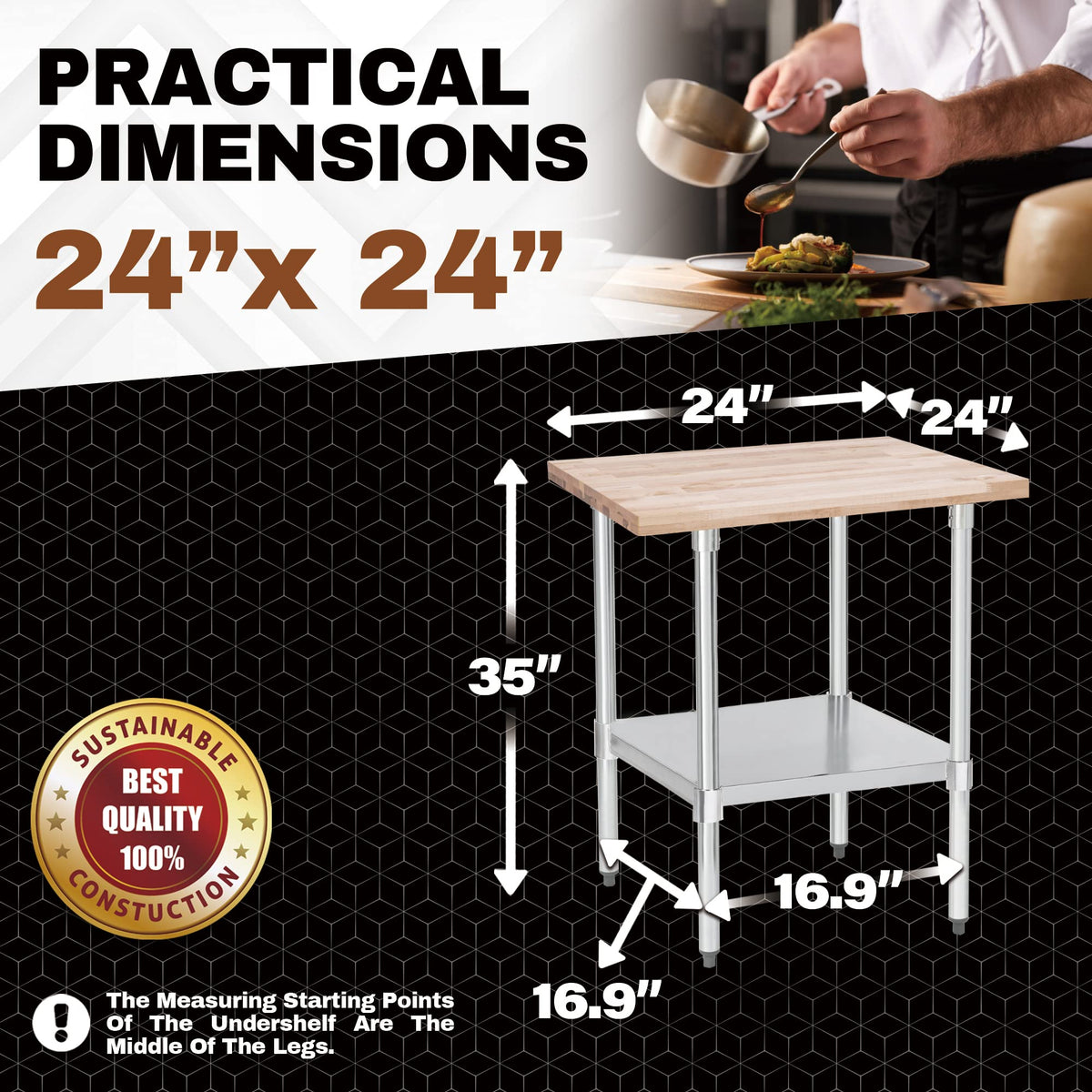 US Maple Top Work Table - 24 x 24 x 35 Inch Commercial Butcher Block Wooden Workbench with Adjustable Lower Shelf - Fits Restaurant, Warehouse, Home, Kitchen, Garage by DuraSteel