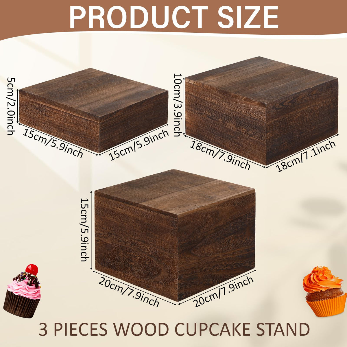 Barydat 3 Pcs Wooden Risers Stands Cake Rustic Stackable Square Cupcake Stands Base for Buffet Table Dessert Food Birthday Wedding Party
